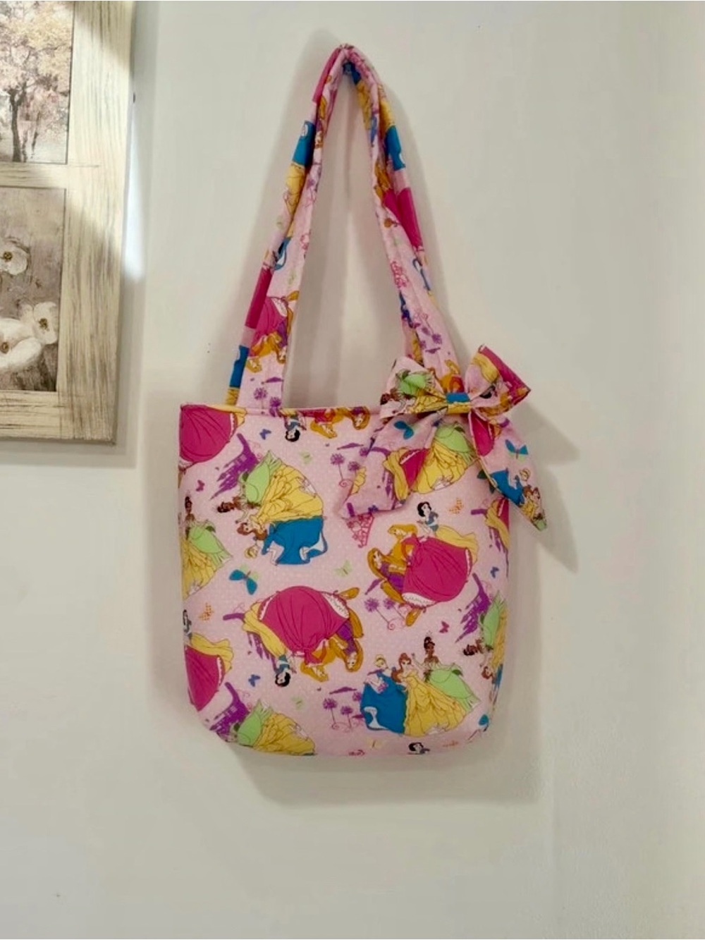 Up cycled Princess-Print Tote Bag with Bow Accent
